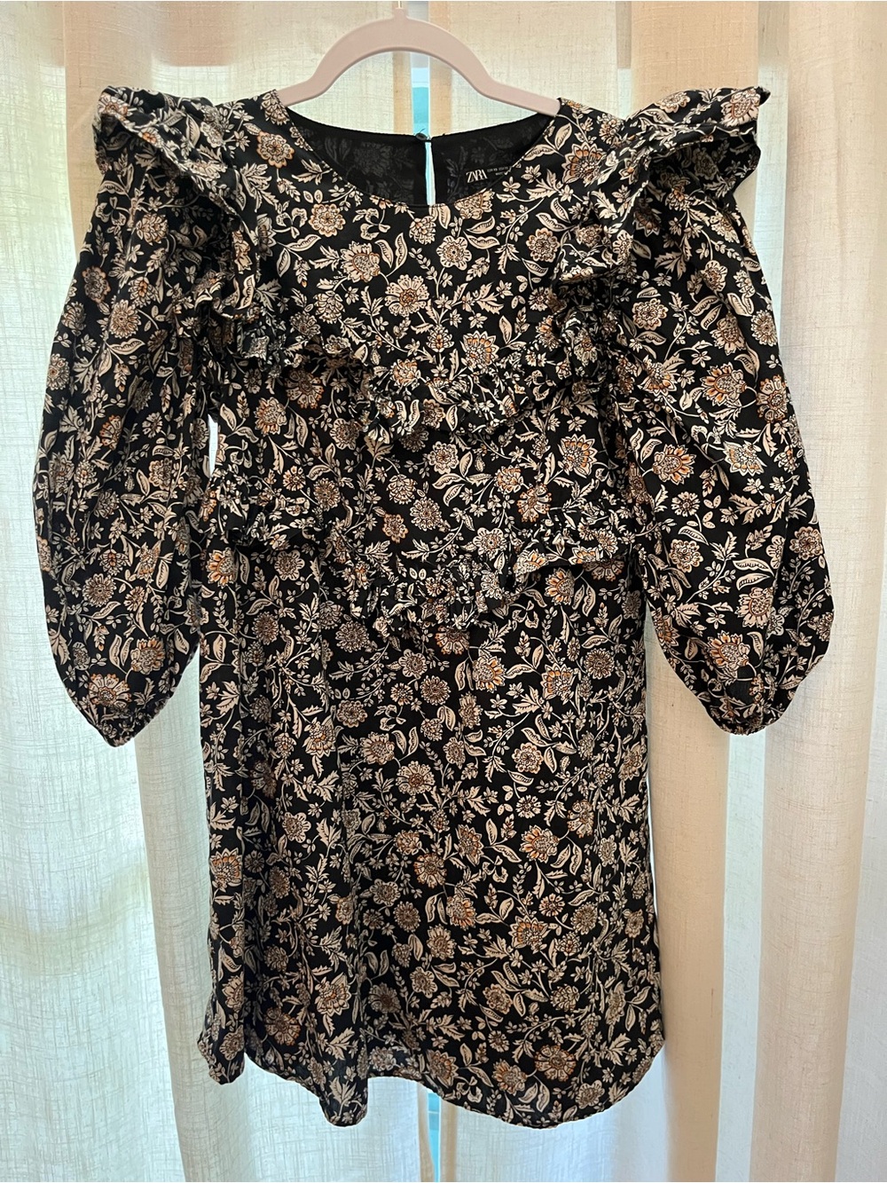 Zara Black Floral Ruffle Long-Sleeve Dress
